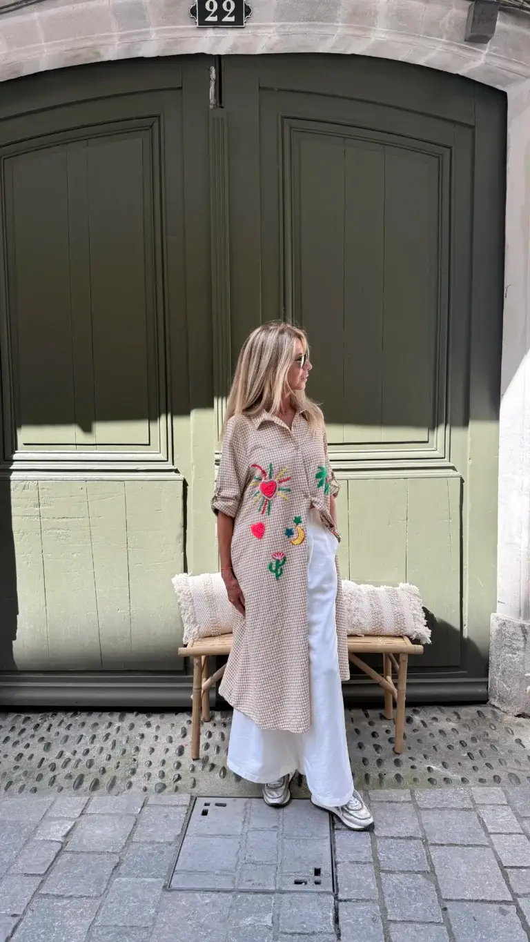 Robe longue Anouck en coton avec motif vichy et imprimés colorés, disponible en plusieurs coloris
