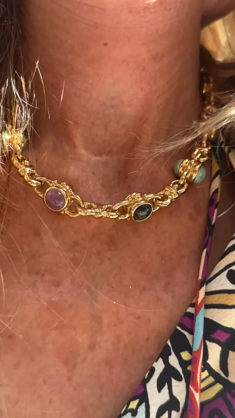 Collier doré Gas Bijoux Amarante avec cabochons multicolores améthyste-turquoise-amazonite